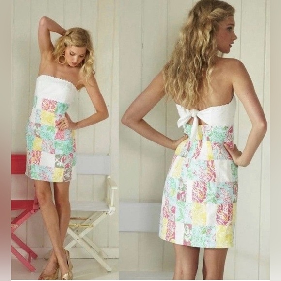 Lilly Pulitzer Multi State Dress Multicolor Strapless Mini Short Patchwork 00 - Picture 2 of 15